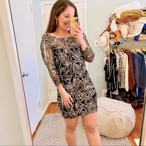 Akira Chicago Red Label Black Gold Sequin Triangle Long Sleeve Mini Dress XS